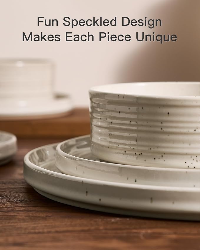 Plates and Bowls Sets for 6 (18-Piece) Stoneware Reactive Glaze Dinnerware with Speckles & Spirals, Chip and Scratch Resistant Straight Dishes Set with Gift Box, Microwave Dishwasher Safe, Shell Beige
