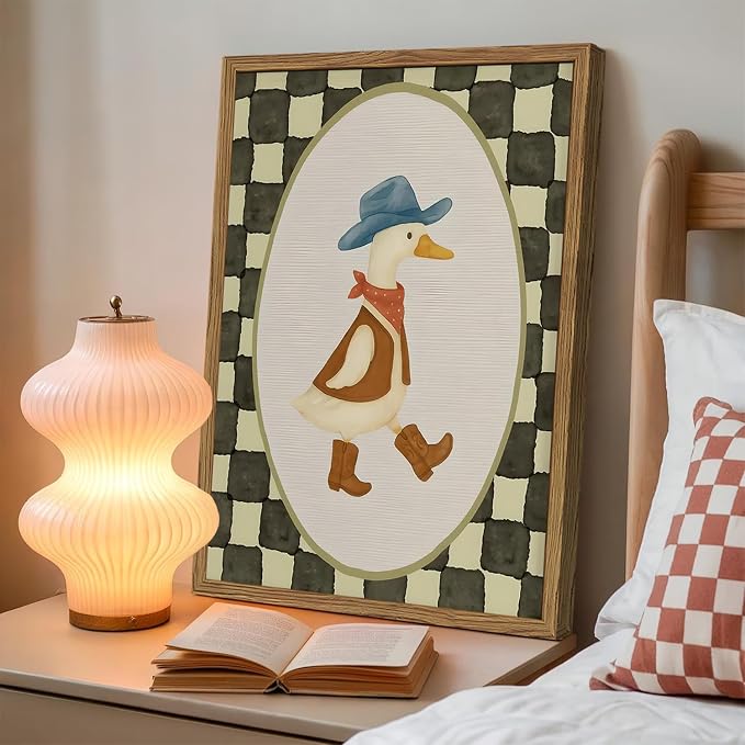 Funny Western Cowboy Goose Wall Art Cute Silly Goose Wall Decor Painting, Southwestern Duck Animal Poster Canvas Print for Living Room Bedroom 16x24 inch Wood Framed