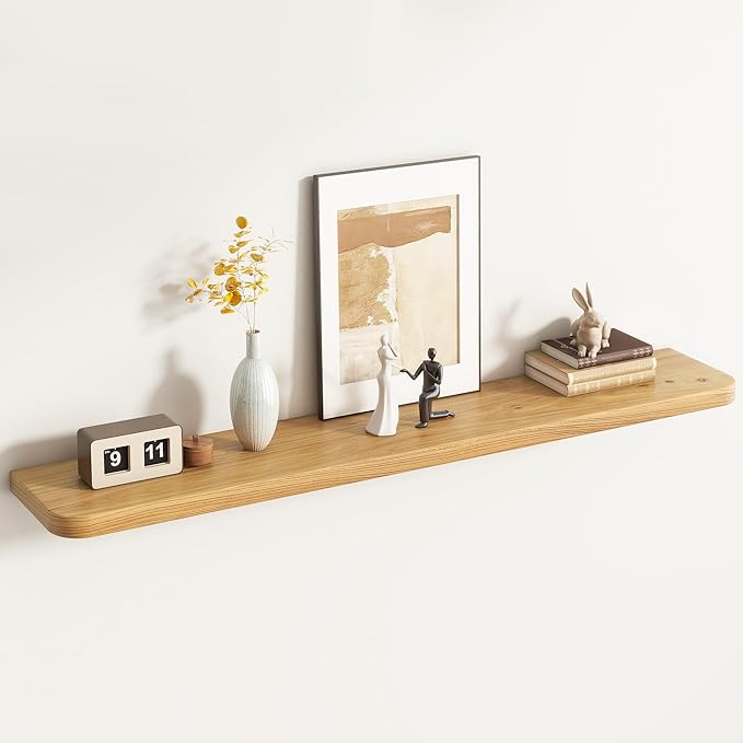 Reclaimed Elm Wood Floating Shelves for Wall Round Edge, 55"W x 9.2"D x 1.37"H, Set of 1 with Invisible Bracket, Wall Mounted Shelves for Living Room Bedroom Kitchen Bathroom Decor, Natural Finish