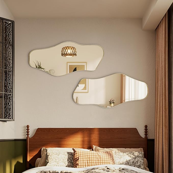 Gold Irregular Mirror, 40"x18" Asymmetrical Mirrors with Metal Frame, Unique Shaped Mirror Decorative, Modern Abstract Mirrors for Living Room Bathroom Bedroom Hallway Entryway Fireplace