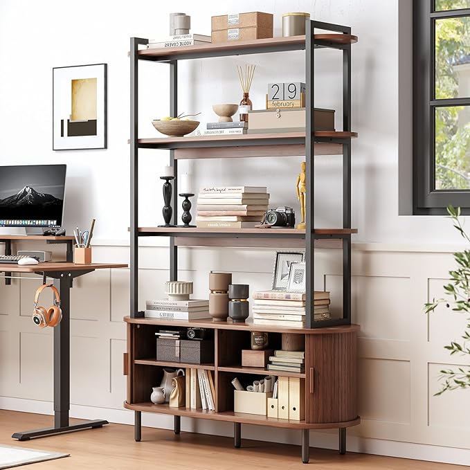 ONBRILL 71" Tall Bookshelf, 4-Tier Book Shelf with Storage Cabinet, Modern Bookcase with Sliding Door and Adjustable Footpad, Freestanding Storage Organizer Bookshelf for Living Room, Bedroom, Walnut