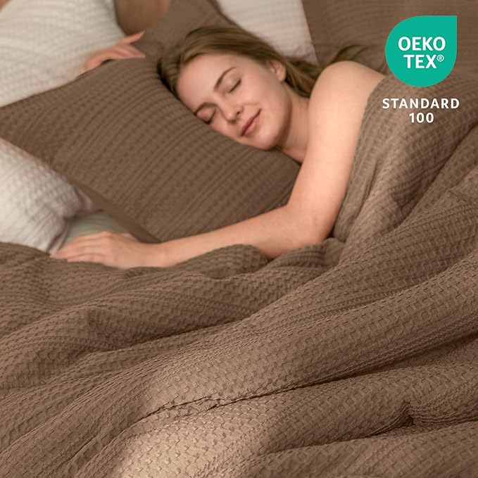 PHF Soft Waffle Comforter Set Queen Size- Comfy Breathable Waffle Weave Comforter with 2 Pillow Shams, 3 Pieces Less Snagging Lightweight Textured Bedding Set for All Season, Mocha