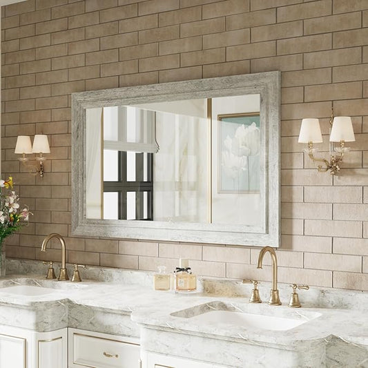 Rustic Wall-Mounted Vanity Mirror, Solid Wood Frame Bathroom Mirror, Farmhouse Style for Living Room, Bedroom, Entryway, Horizontal/Vertical Hanging