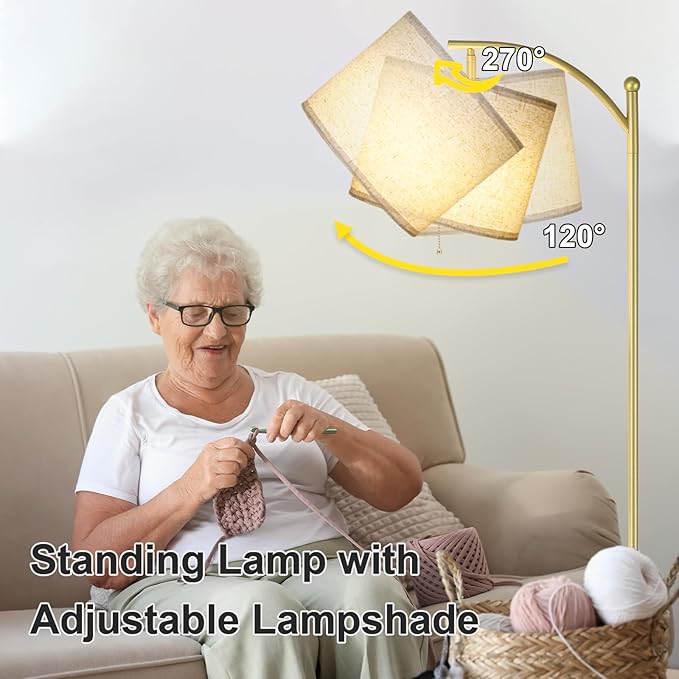 LALISU Floor Lamp for Living Room, Dimmable Floor Lamp with Foot-Step Switch Standing Lamp with Linen Shade Reading Lamp for Living Room Bedroom Office Dining Room, 9W Bulb Included (Gold)