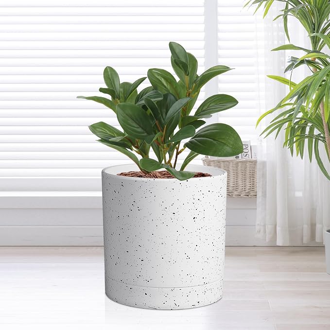 Meowell 6/5/4 inch Plant Pots, 3 Pack Cylinder Flower Pots for Small Indoor Outdoor Plants, Plastic Planters with Drainage Holes and Saucers for Garden Succulent House Plants, Speckled White