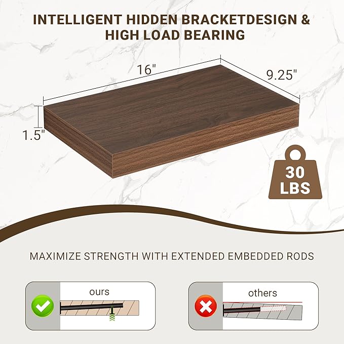 16 Inch Floating Shelves, 16"x9.25"x1.5" Inch Deep Floating Shelves for Wall, Wooden Shelves for Bathroom, Bedroom, Living Room, Walnut, 2 Pieces