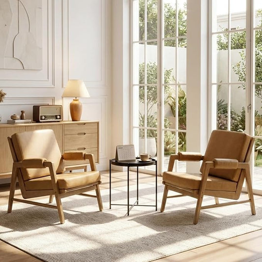 CIMOTA Mid Century Modern Accent Chair Set of 2, Leather Upholstered Living Room Chairs with Arms, Comfy Reading Chair with Solid Wood Frame, High Back for Bedroom, Waiting Room, Office, Brown