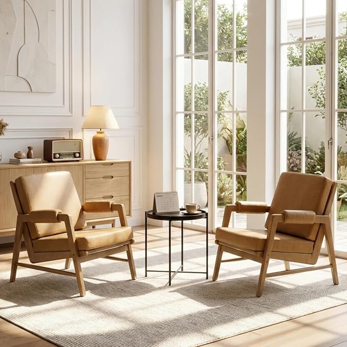 CIMOTA Mid Century Modern Accent Chair, Leather Upholstered Living Room Chairs with Arms, Comfy Reading Chair with Solid Wood Frame, High Back for Bedroom, Waiting Room, Office, Brown
