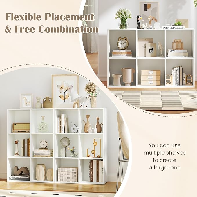 Tangkula 6-Cube Bookcase, Large Floor Standing Horizontal Bookshelf with 6 Open Shelves & 2 Anti-Tipping Kits, Home Office Wooden Storage Book Shelf for Living Room, Study (White, 6-Cube)