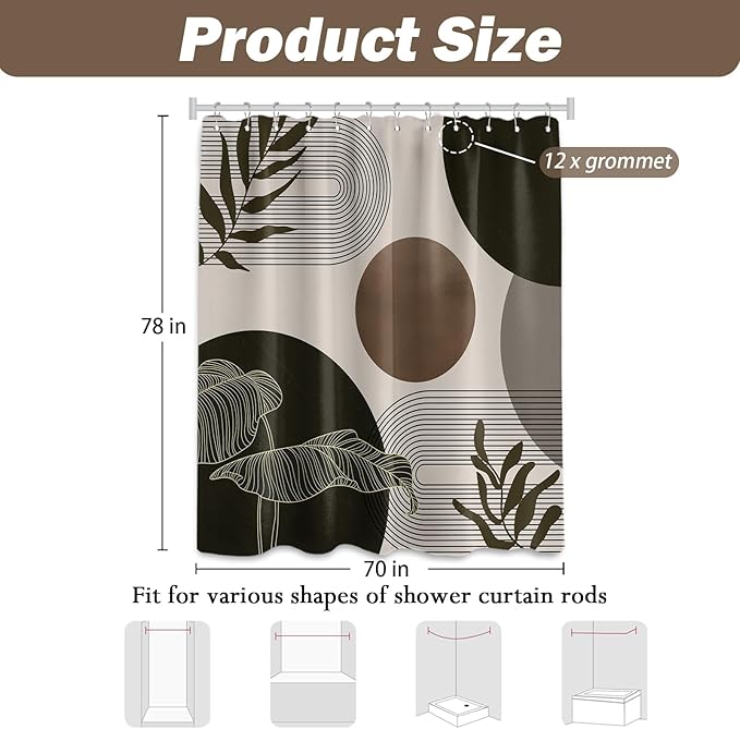 Brown and Beige Shower Curtain Light Brown Tan Taupe Boho Mid Century Modern Shower Curtains for Bathroom Decor MCM Mens Cool Bath Curtain Set, Waterproof Fabric with Hooks 70 x 78 Inch