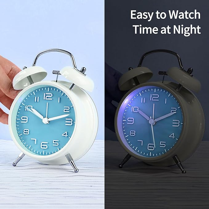 pxy Loud Alarm Clock for Heavy Sleepers 3D Dial Battery Operated (Battery Include), 4" Super Silent Analog Alarm Clock for Kids with Night Light PT260 Silver OrangePT505 White Blue