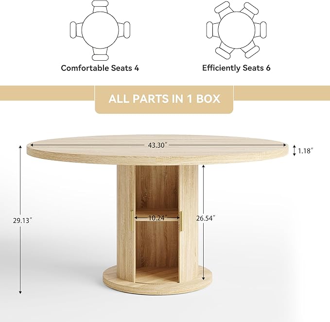 Round Dining Table for 4-6, 43.3" Modern Farmhouse Kitchen Table with Hidden Storage & Tambour Door, Japandi Style Wood Pedestal Circle Table for Small Spaces, Apartment, Dining Room, Classic Oak