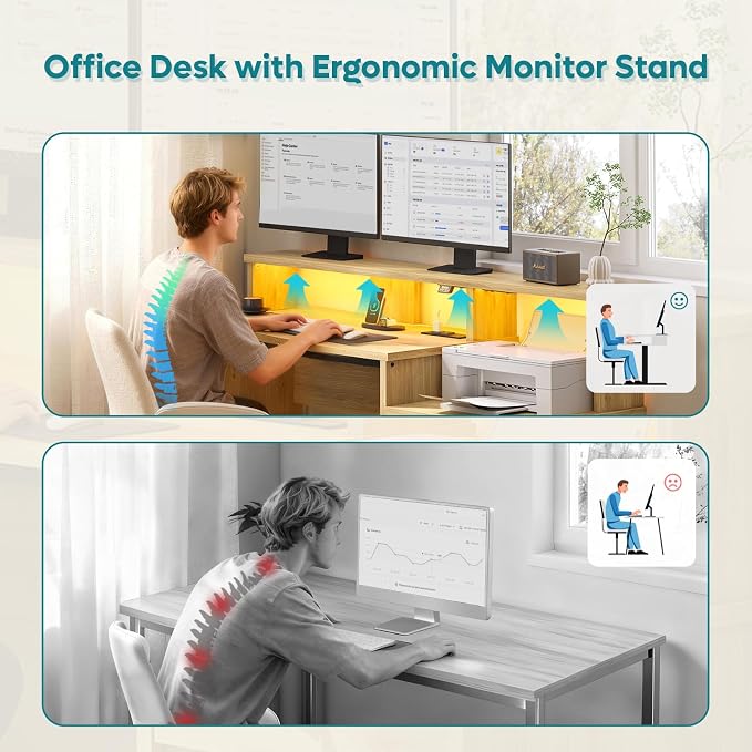 Bestier 55" Computer Desk with Power Outlets & LED Lights, Home Office Desk with Lockable File Drawer & Printer Shelf, Monitor Stand, Modern Workstation for Gaming Study, Natural Oak