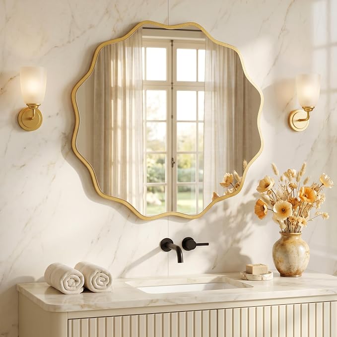 PERFNIQUE Gold Scalloped Mirror, 30'' Round Wall Mirrors Wavy Wood Framed with Tempered Glass for Bathroom Nursery Bedroom Living Room Entryway, Decorative Modern Wall Decor