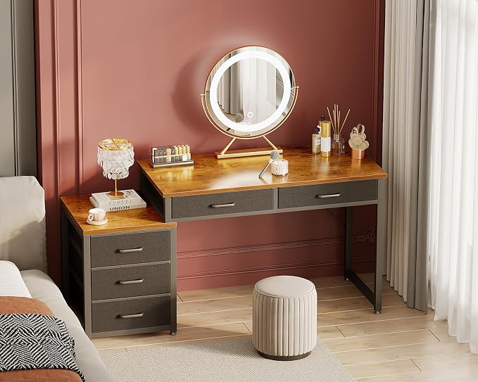 ODK Computer Desk with 5 Drawers, 53 Inch Office Desk with Printer Shelf, Reversible Work Desk for Home Office, Writing Table Desk for Storage, Rustic Brown