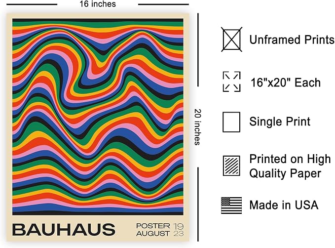 Poster Master Bauhaus Poster - Psychedelic Waves Print - Abstract ART - Rainbow ART - Groovy Style - Chic Boho - Mid Century Modern - Living Room or Bedroom Wall Decor - 16x20 UNFRAMED Wall Decor