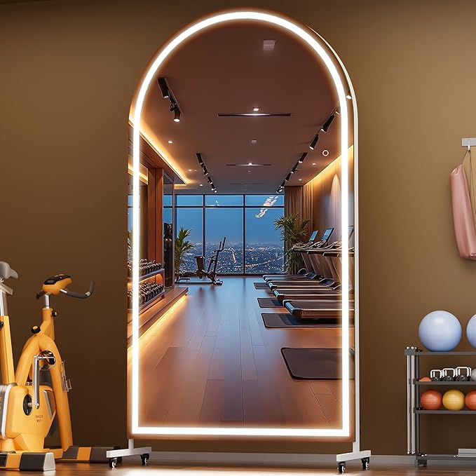 Hasipu 79" x 40" Arched LED Rolling Gym Mirror with Wheels, Dimmable Lighted Body Mirror with 3 Color Temperatures & Adjustable Brightness for Bedroom, Yoga Studio & Home Gym