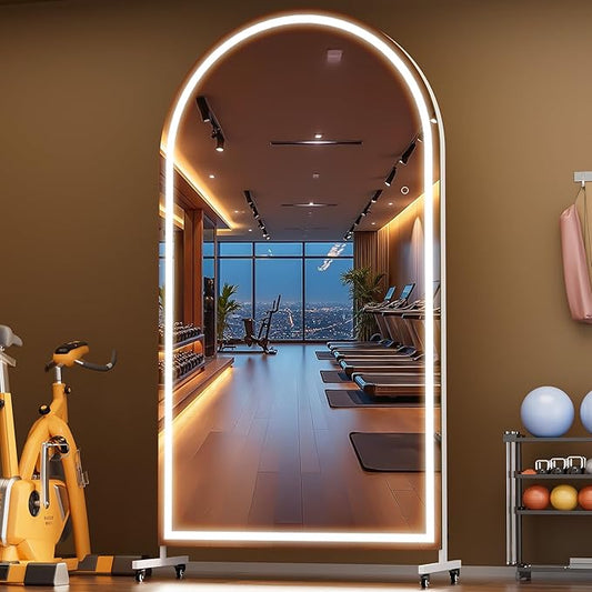 Hasipu 79" x 40" Arched LED Rolling Gym Mirror with Wheels, Dimmable Lighted Body Mirror with 3 Color Temperatures & Adjustable Brightness for Bedroom, Yoga Studio & Home Gym