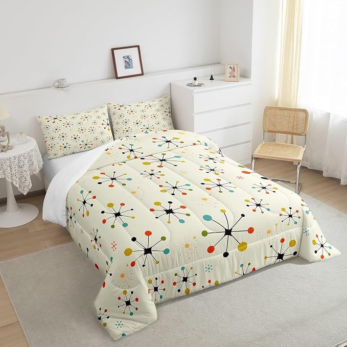 Erosebridal Modern Mid Century Bedding Set Twin Retro Atomic Comforter Set, Rainbow Grid Duvet Insert Vintage Fifties 1950s Quilt Comforter, Aesthetic Abstract Art Bedding Comforters & Sets Beige 2pcs