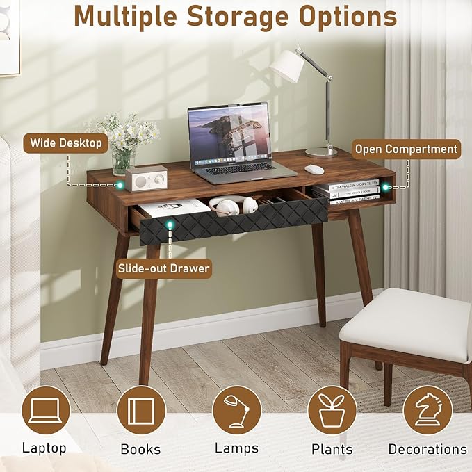 Tangkula Mid Century Modern Desk, Home Office Standing Desk w/Drawer & Open Compartment, Computer Desk Work Study Table, Vintage Writing Desk Wooden Workbench for Bedroom/Living Room