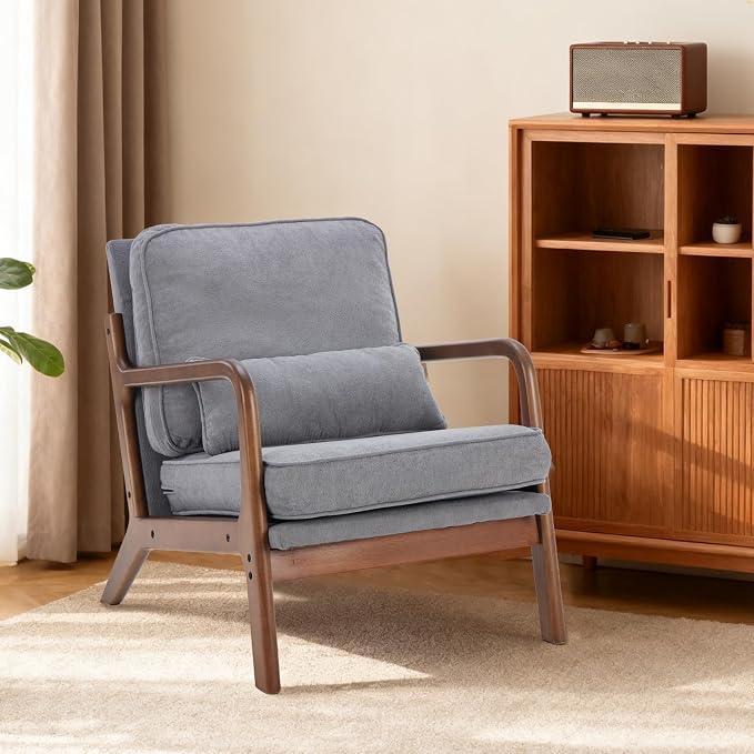 DUMOS Accent Chair Mid Century Modern Chair with Arms and Waist Cushion, Reading Chairs for Adults with Solid Frame, Lounge Side Sitting Armchair for Living Room, Bedroom, Balcony, Light Grey