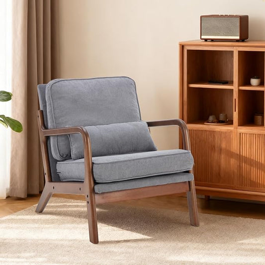 DUMOS Accent Chair Mid Century Modern Chair with Arms and Waist Cushion, Reading Chairs for Adults with Solid Frame, Lounge Side Sitting Armchair for Living Room, Bedroom, Balcony, Light Grey