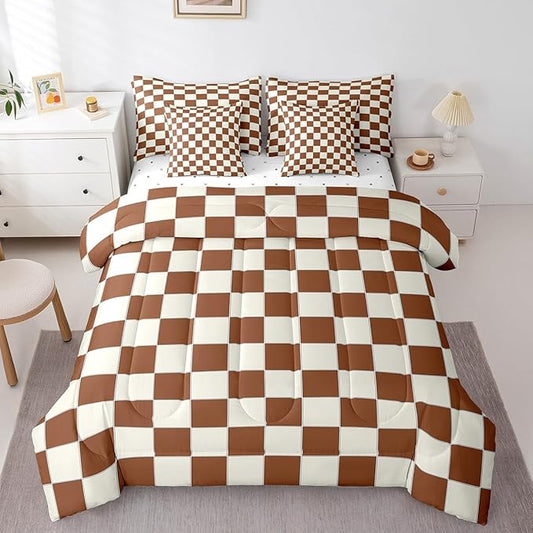 Erosebridal Plaid Twin Comforter Set 7 Piece Beige Caramel Brown Checkerboard Bed in A Bag with Sheets Geometric Checkered Bedding Set for Kids Boys Girls,Aesthetic Grid Bed Set