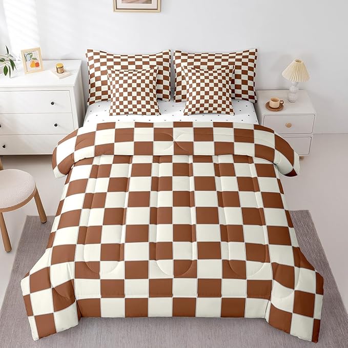 Erosebridal Plaid Queen Comforter Set 7 Piece Beige Caramel Brown Checkerboard Bed in A Bag with Sheets Geometric Checkered Bedding Set for Kids Boys Girls,Aesthetic Grid Bed Set