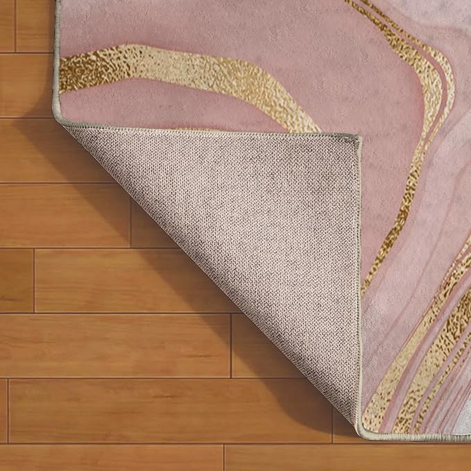 Ansouyi Non-Slip 5x7 ft Area Rugs, Washable Rug Carpet for Living Room, Pink with Gold Abstract Liquid Marble Home Decor Rugs for Game Room Classroom Bedroom Dining Kindergarten Room
