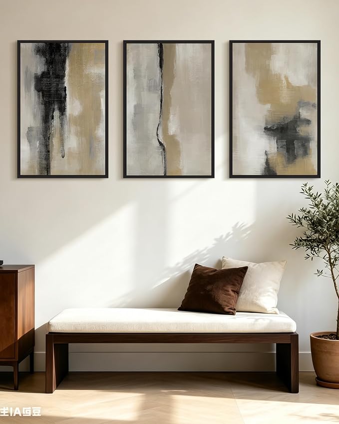 KUVIOKE Black Gray Abstract Framed Wall Art Neutral Wall Decor Minimalist Modern Illustrations Art Print for Living Room Bedroom 16x24in (Black Framed)