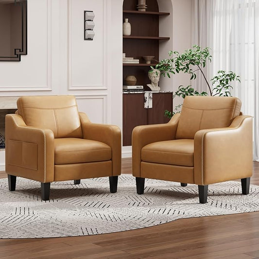PU Leather Accent Chair Set of 2, Mid-Century Modern Living Room Armchair Sofa with Removable Cushions, Solid Wood Frame & Stitched Armrest Design, Bedroom Chair with Plastic Legs, Brown
