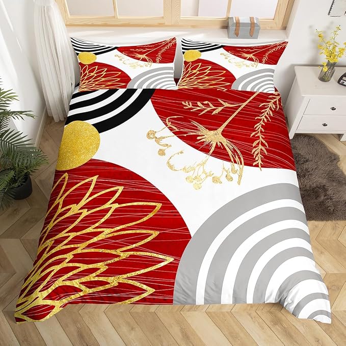 Erosebridal Red and White Modern Duvet Cover King Size for Minimalist | Abstract Mid Century Comforter Cover Bohemian Leaf Floral Botanical Bedding Set Aesthetic Modern Geometric Bed Set