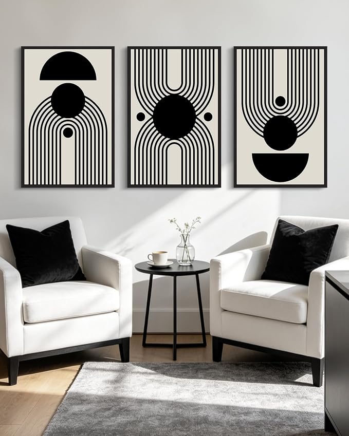 KUVIOKE Black Abstract Framed Wall Art Minimalist Geometry Lines Painting Artwork for Living Room Bedroom 24x36in (Black Framed)