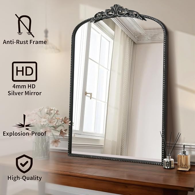 Micasso Vintage Wall Black Mirror: 24"x36" French Baroque Antique Mirror - Traditional Ornate Decorative Arched for Wall/Bathroom/Entryway/Fireplace/Hallway/Living Room - Home Decor for Bathroom