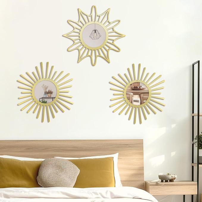 OYEFLY Sunburst Mirrors for Wall Decor 3 Pack Sun Mirror Wall Art Living Room Bedroom Entryway Boho Metal 12 Inch Gold