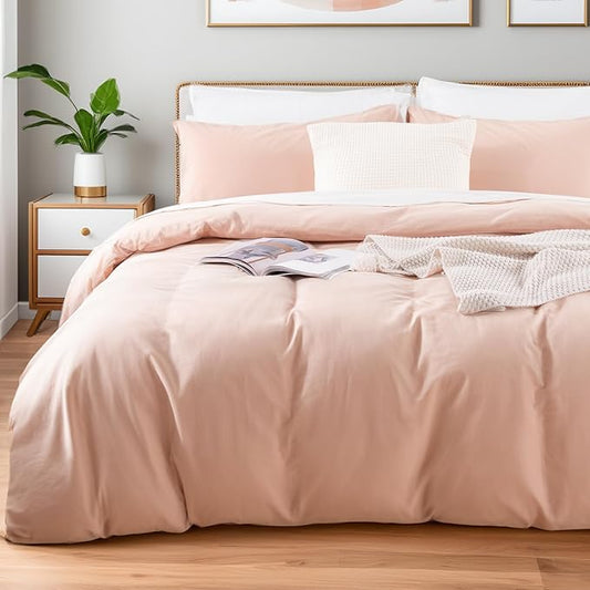 NEXHOME PRO Duvet Cover Set Oversized Queen 92"x98" Linen Look Textured Organic Natural 100% Washed Cotton 3 Pieces Bedding Set with Zipper Closure, Breathable, Dusty Pink (No Comforter)