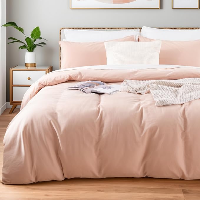 NEXHOME PRO Duvet Cover Set Oversized Queen 98"x98" Linen Look Textured Organic Natural 100% Washed Cotton Duvet Cover 3 Pieces Bedding Set Zipper Closure, Breathable, Dusty Pink (No Comforter)
