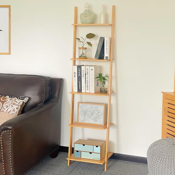 Wall Leaning Ladder Shelf Bookcase,5-Tier Bamboo Storage Rack Shelvest,FreeStanding Plant Stand, Corner Display Shelves for Living Room, Bathroom, Kitchen, Office(65in)