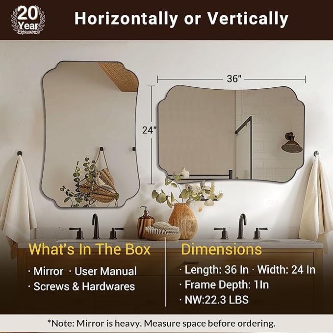 ANDY STAR 24"x36" Brushed Nickel Mirror, Scalloped Bathroom Wall Mirror with Metal Frame for Vanity, Vintage Notched Edges Design Ideal for Entryway, Living Room & Bedroom Decor