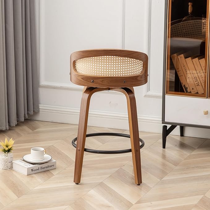 26" Swivel Rattan Bar Stools Set of 2,Mid-Century Modern Beige Linen Fabric Upholstered Counter Height Stools,Kitchen Island Barstools with Rattan Low Backrest,Walnut Wood Finish Bar Chair