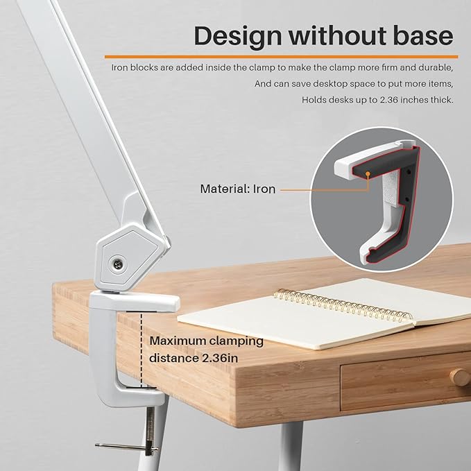 LED Architect Desk Lamp, 2500 Lumens, Dimmable, Metal Swing Arm, 5 Color Temperatures, 30W, Ideal for Task Work, Drafting, Reading, Clamp-on Office Table Lamp with 324 Bright LEDs(White,30CCT)