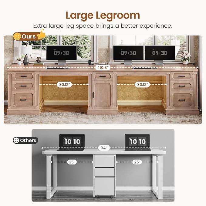 SEDETA Farmhouse 110.3" Two Person Desk with 7 Drawers, Long Computer Desk with Storage Cabinet, 2 Person Desk with Power Outlets for Home Office, Oak