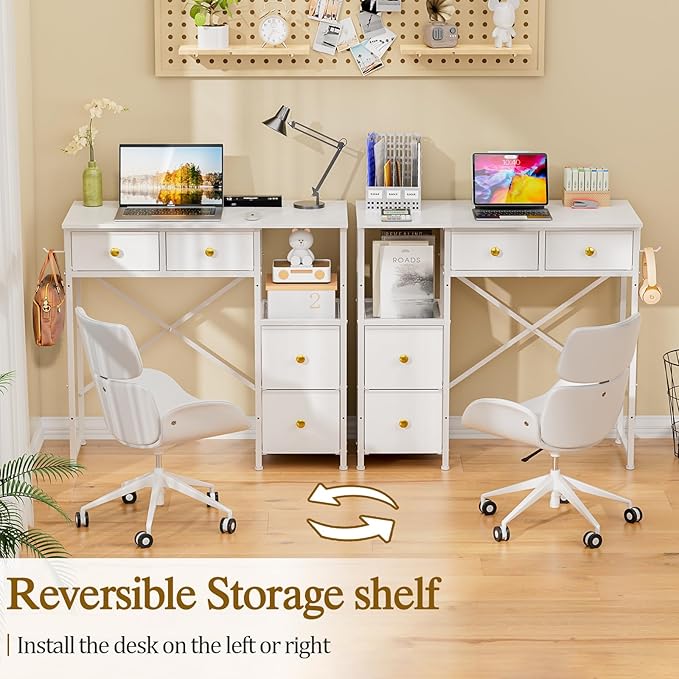 3IngSeagulls Small Computer Desk with 4 Fabric Drawers, Simple Writing Desk for Home Office, Compact Study Desks for Small Spaces, Kids Desk Study for Bedroom, White
