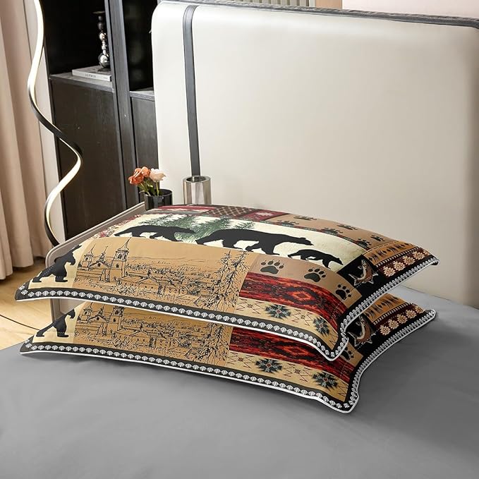 100% Cotton Rustic Bear Duvet Cover Queen, Southwestern Native American Bedding Set, Wild Animal Bear Claw Comforter Cover, Brown Black Bears Silhouette Woodland Farmhouse Camper Quilt Cover