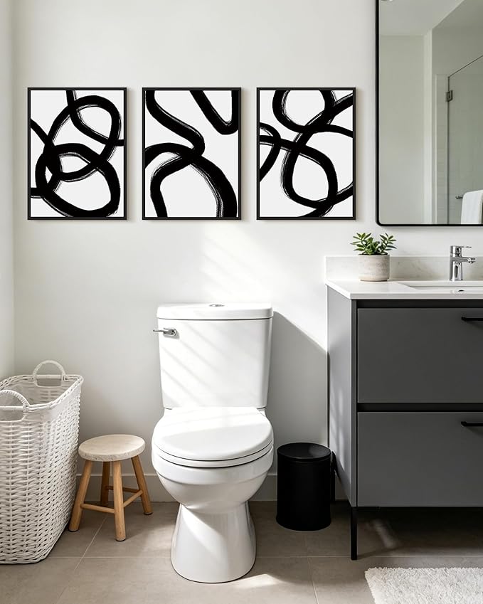 KUVIOKE Black and Gray Abstract Framed Wall Art Ink Wash Minimalist Lines Painting Artwork for Bedroom Hallway 12x16in (Black Framed)