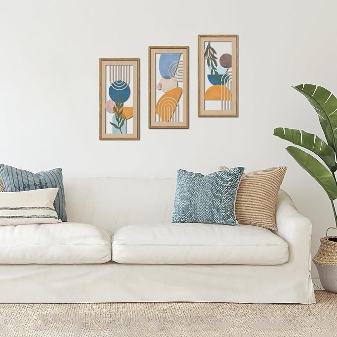 TOARTi 3PCS Boho Abstract Wooden Wall Art Mid Century Modern Wall Decor Minimalist Geometric Leaf Artwork For Living Room Decoration Mid-Century Geometric Botanical Wall Sculptures