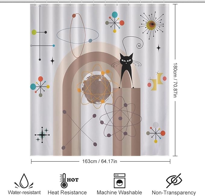 Atomic Cat Shower Curtain,Mid Century Modern Funny Black Cat Geometric Arched Abstract Modern Art Minimalist Boho Bathroom Curtain Polyester Waterproof Fabric Decor 66x72in（168x183cm）