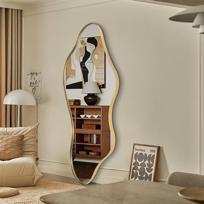 Large Irregular Mirror, 63"x30" Asymmetrical Full Length Mirrors for Dressing, Unique Shaped Mirror Decorative, Gold Abstract Wall Mirrors for Living Room Bathroom Bedroom Hallway Entryway