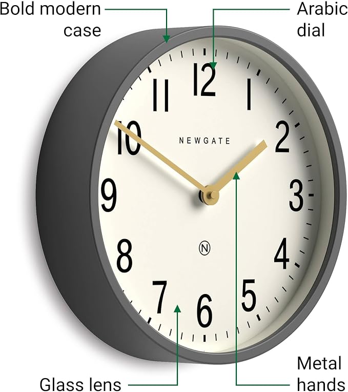 NEWGATE® Master Edwards wall Clock | Mid-Century Style Clock | 12 inch | Deep Metal case in matt Dark Gray | Modern Retro Design for Kitchen, Living Room or Office