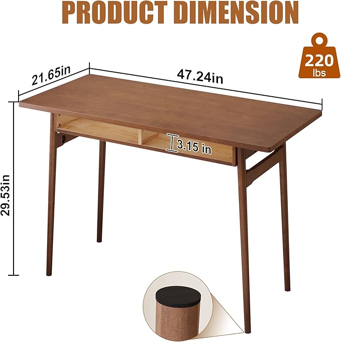 Solid Wooden Desk with Open Storage Cubby - 47.2” Mid Century Modern Desk, Writing Desks for Small Spaces, Rubber Wood Study Table, Home Office Computer Desks for Bedroom & Home, Walnut Color